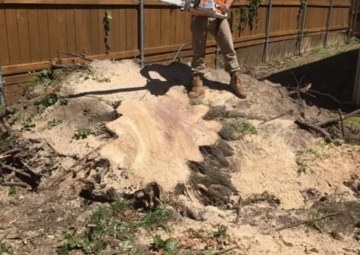 A man wearing outdoor clothing and footwear is standing on the ground outside, holding a chainsaw